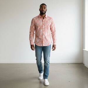 Coral Patterned Button-Up  100% linen Shirt NWOT